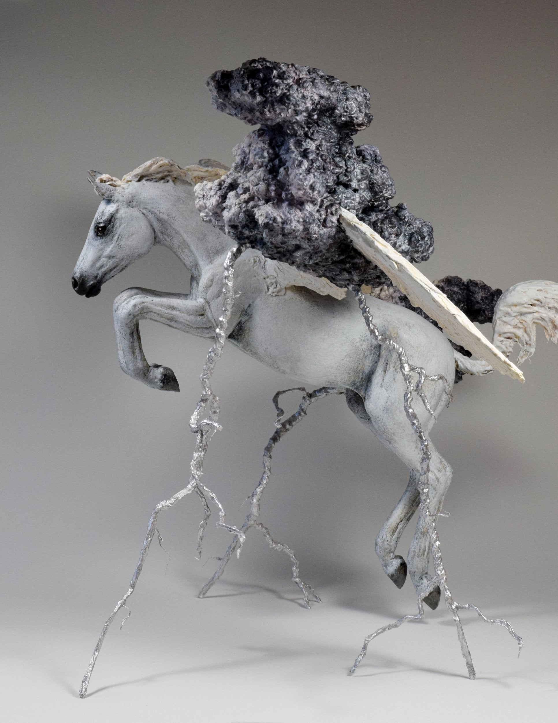 Mixed Media air dry clay pegasus sculpture flying through thunder