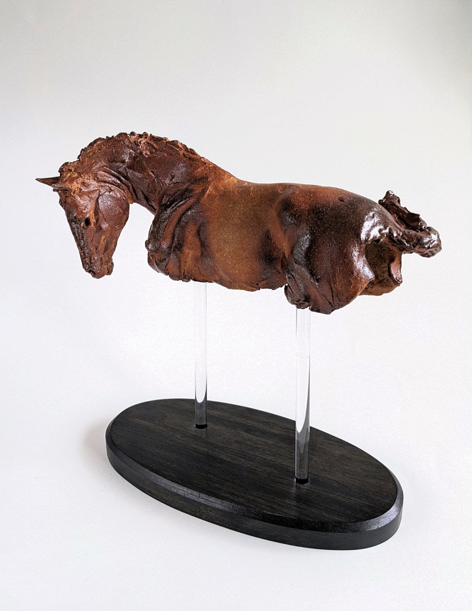 Beautiful brown ceramic clay horse sculpture by Susie Benes