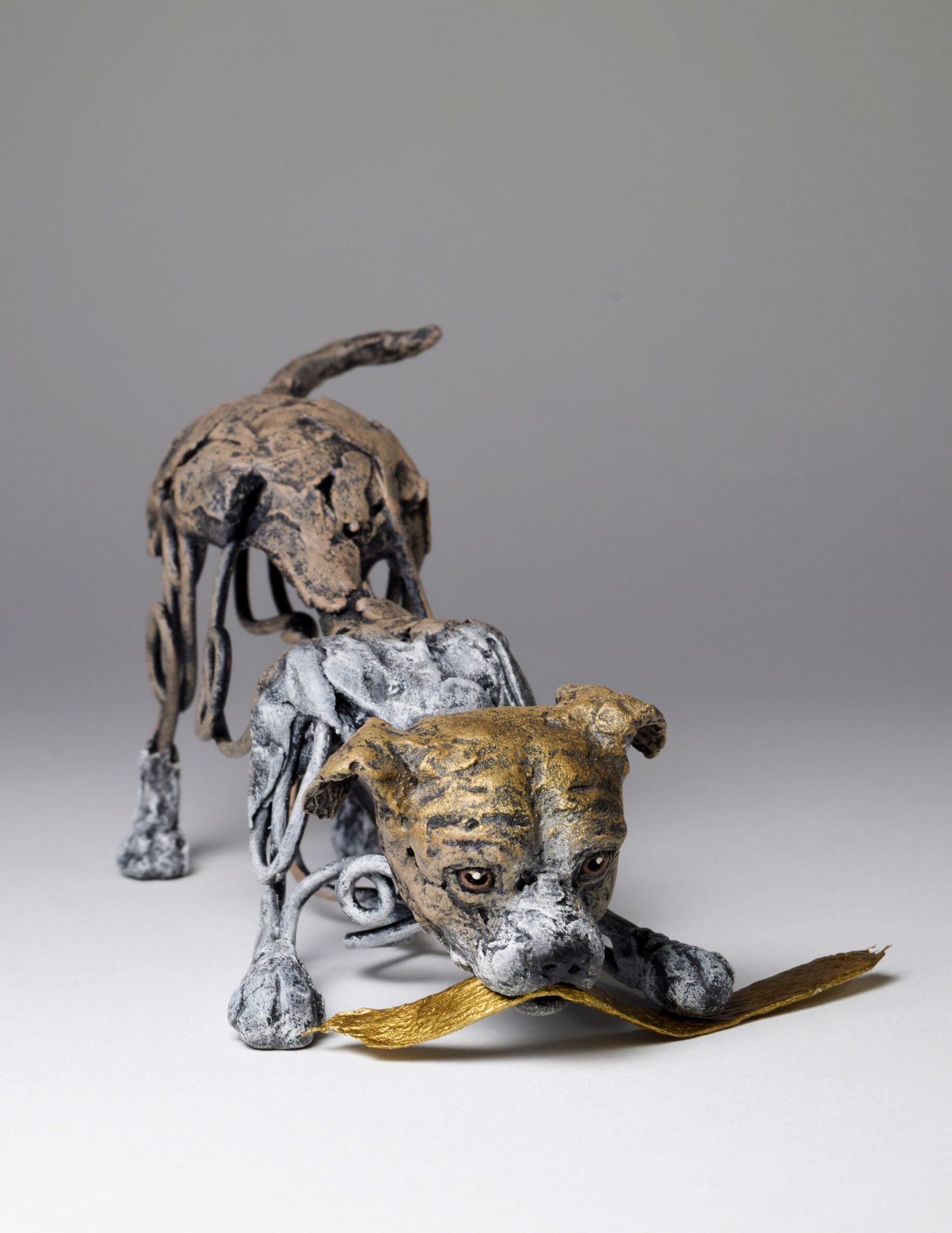 Air dry clay and wire pit bull dog sculpture by Susie Benes