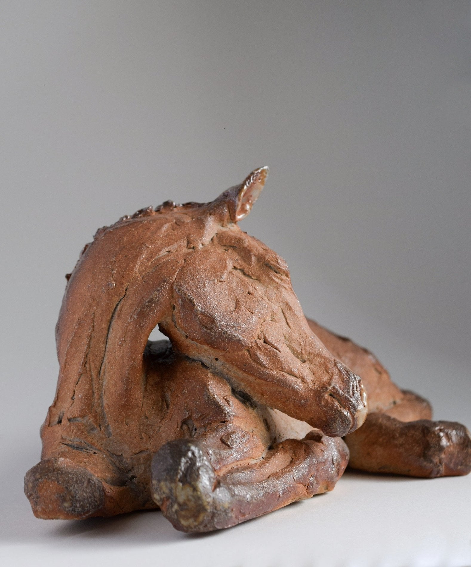 Wood fired ceramic sleeping foal horse sculpture by Susie Benes
