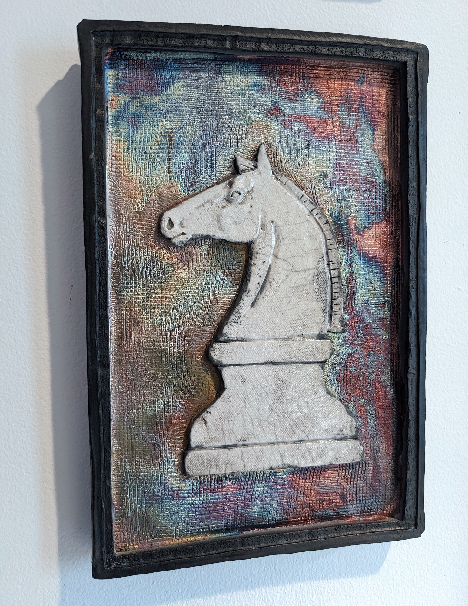 Raku ceramic knight horse chess piece wall plaque