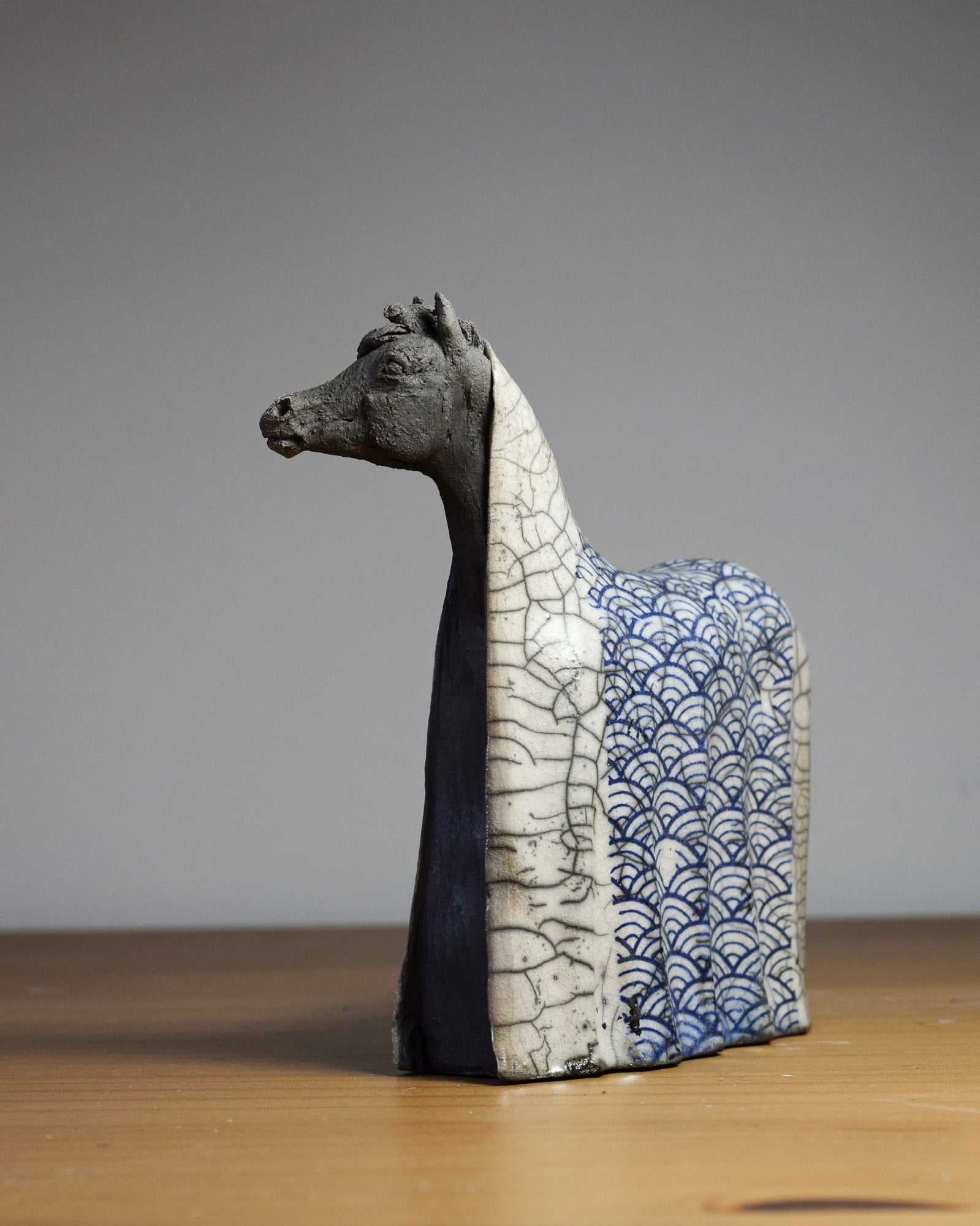 Raku ceramic horse sculpture with decals Zen Horse XIII by Susie Benes