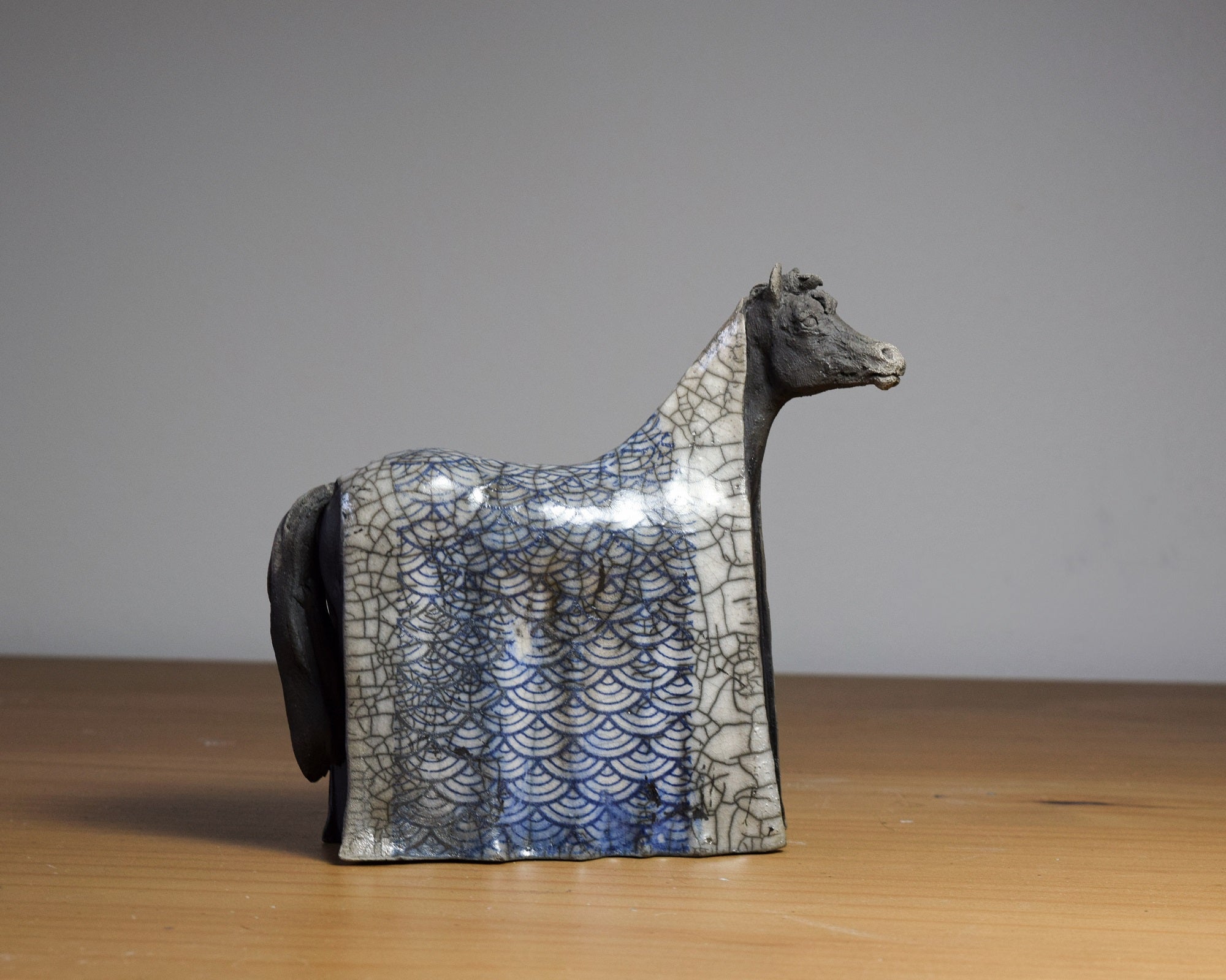 Raku ceramic horse sculpture with decals Zen Horse XIII by Susie Benes