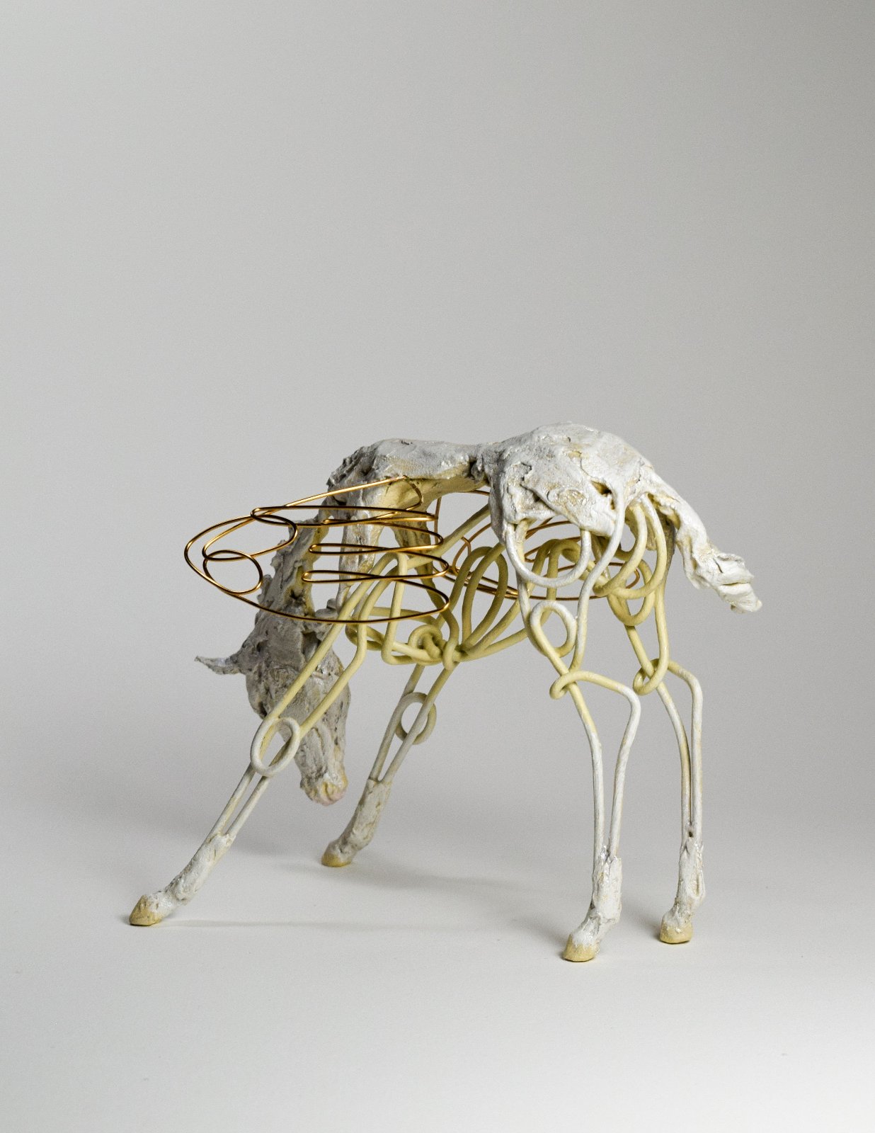 Wire and clay pegasus horse sculpture by Susie Benes