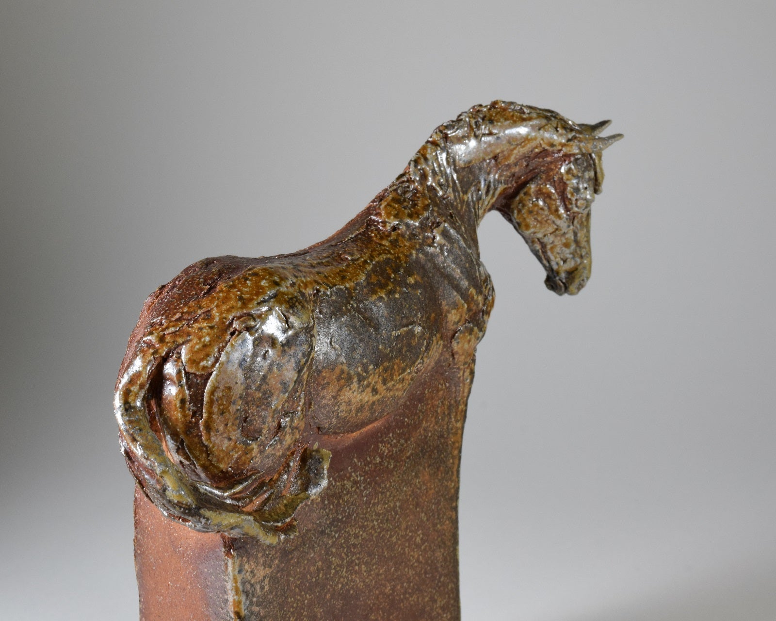 Wood fired pony sculpture on plinth by Susie Benes